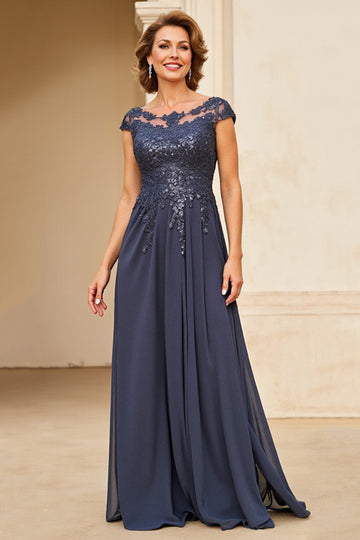 Twilight Applique Chiffon Long Mother of the Bride Dress with Cap Sleeves